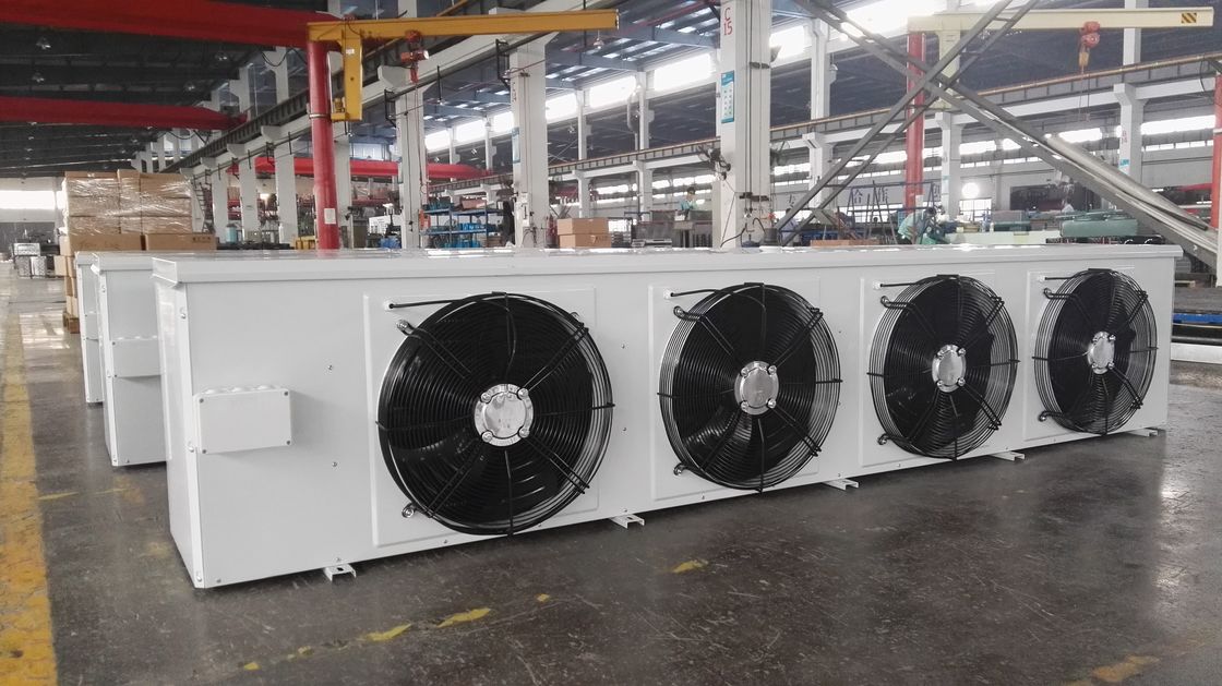 Industrial grade ceiling mounted air cooler, compatible with R404A/R507/R22 refrigerants, supports 220V/380V voltage, equipped with IP65 waterproof junction box
